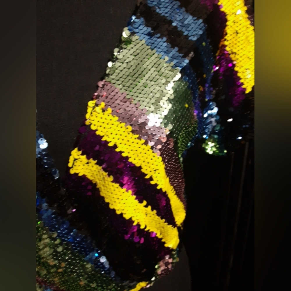 Anthropologie Rdalamal Green and Blue Sequin Metalic Sleeve Blouse Sycadelic S/P - Picture 4 of 9